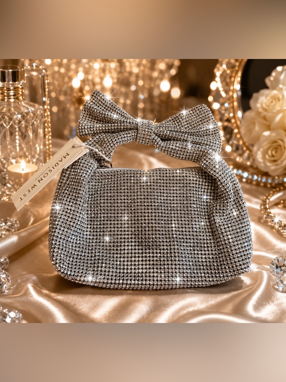 Madison Silver Rhinestone Bow Evening Bag | NWT